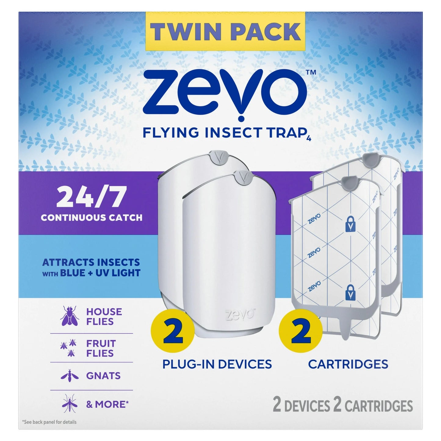 Zevo Flying Insect Indoor Fly Trap: Easy, Mess Free Solution Light Trap Catches & Kills House Flies, Fruit Flies, Gnats, & More - Value Pack (2 Plug in Devices + 2 Refill Cartridges)