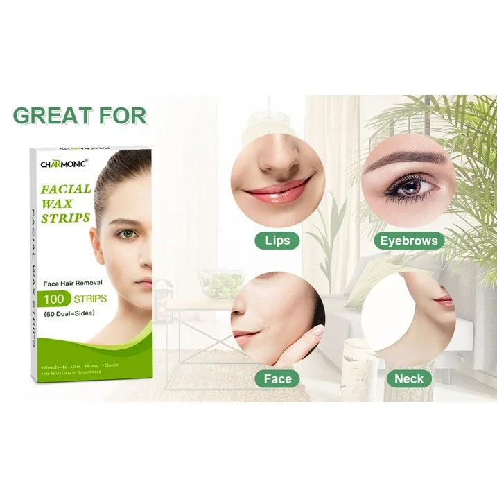 Charmonic 100pcs Natural Facial Wax Strips Hypoallergenic Hair Removal Waxing Kit for All Skin Types