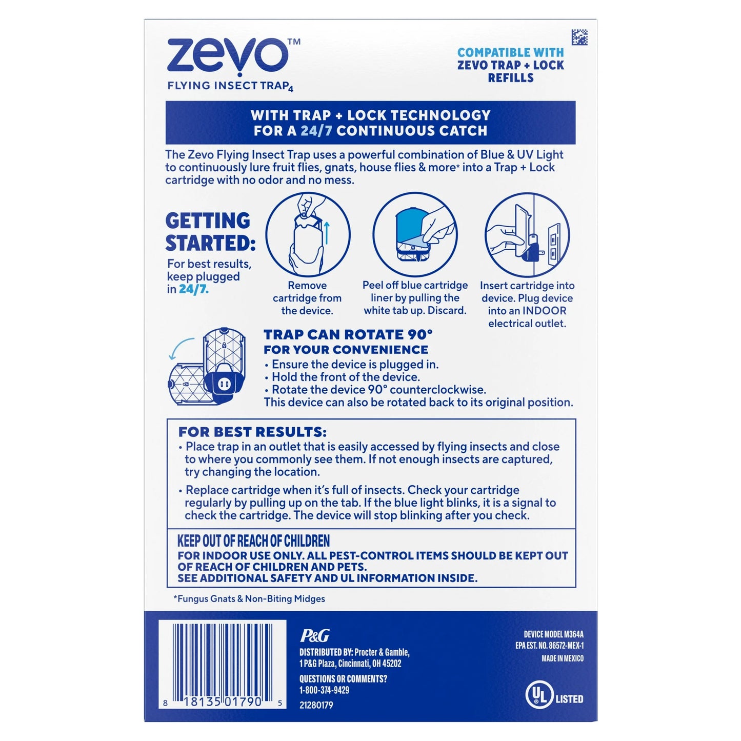 Zevo Flying Insect Indoor Fly Trap: Easy, Mess-Free Solution - Light Trap Catches & Kills House Flies, Fruit Flies, Gnats, & More (1 Plug in Device & 1 Refill Cartridge)