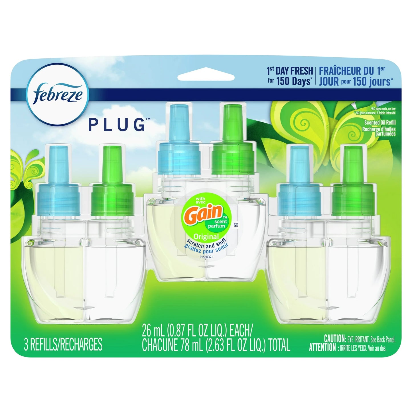 Febreze Plug In Air Freshener, Odor-Fighting Scented Oil Refill, Gain Original, 3 Refills