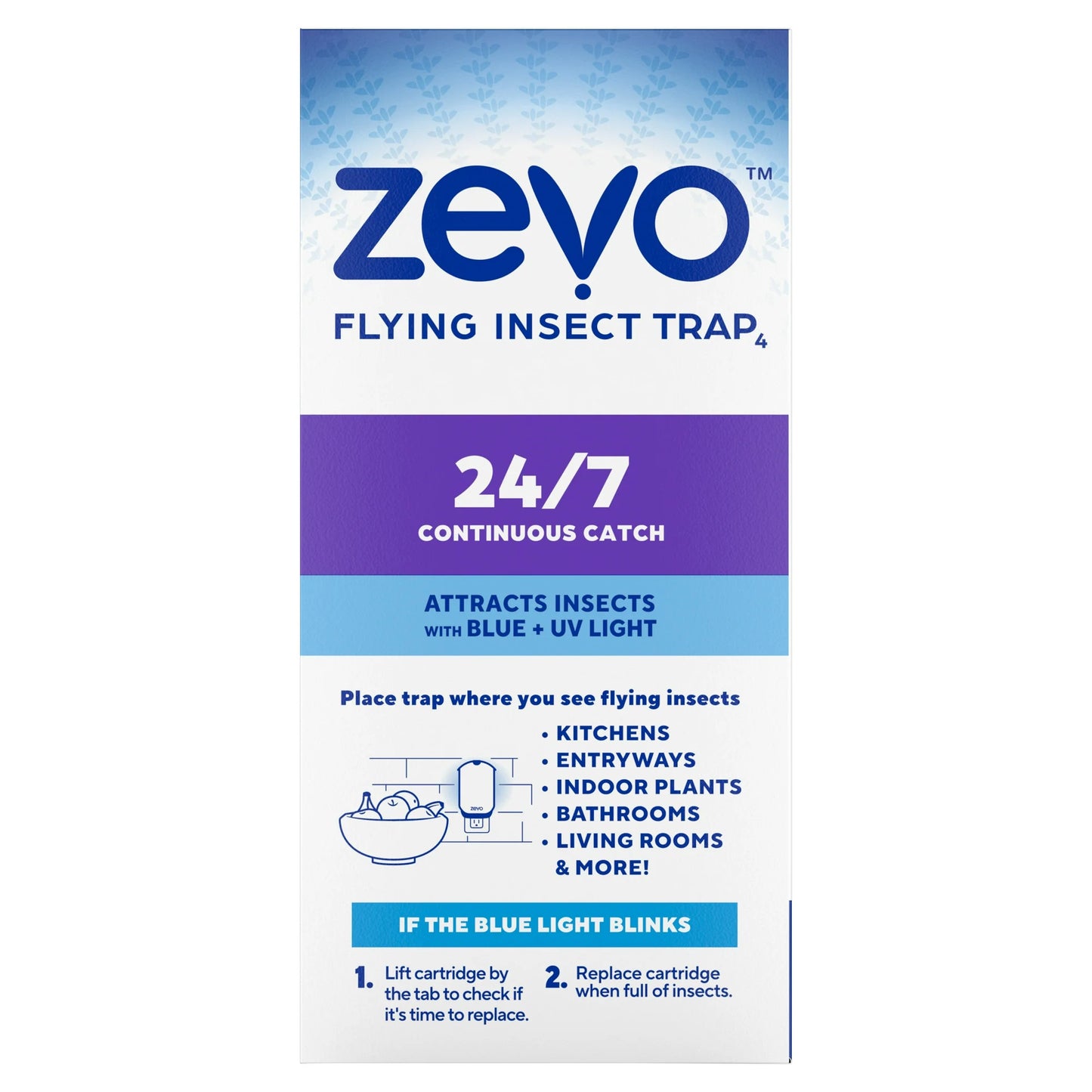 Zevo Flying Insect Indoor Fly Trap: Easy, Mess-Free Solution - Light Trap Catches & Kills House Flies, Fruit Flies, Gnats, & More (1 Plug in Device & 1 Refill Cartridge)