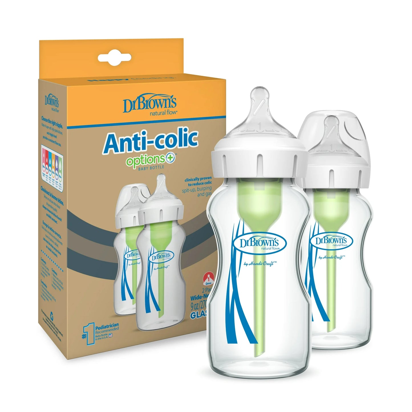 Dr. Brown's Anti-Colic Options+ Wide-Neck Glass Baby Bottle, 9 oz/270 ml, Slow Flow Nipple, BPA Free, 0m+ 2 Pack