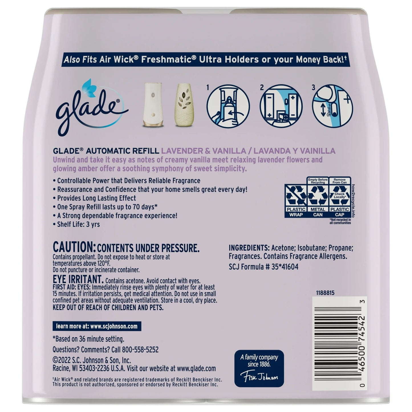 Glade Automatic Spray Refills, Air Freshener, Infused with Essential Oils, Lavender & Vanilla, 6.2 oz