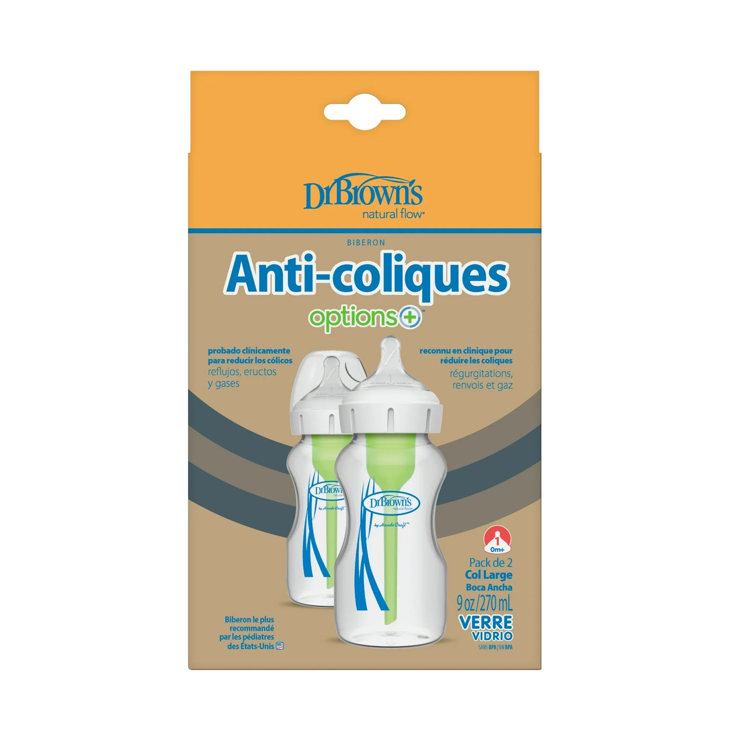 Dr. Brown's Anti-Colic Options+ Wide-Neck Glass Baby Bottle, 9 oz/270 ml, Slow Flow Nipple, BPA Free, 0m+ 2 Pack