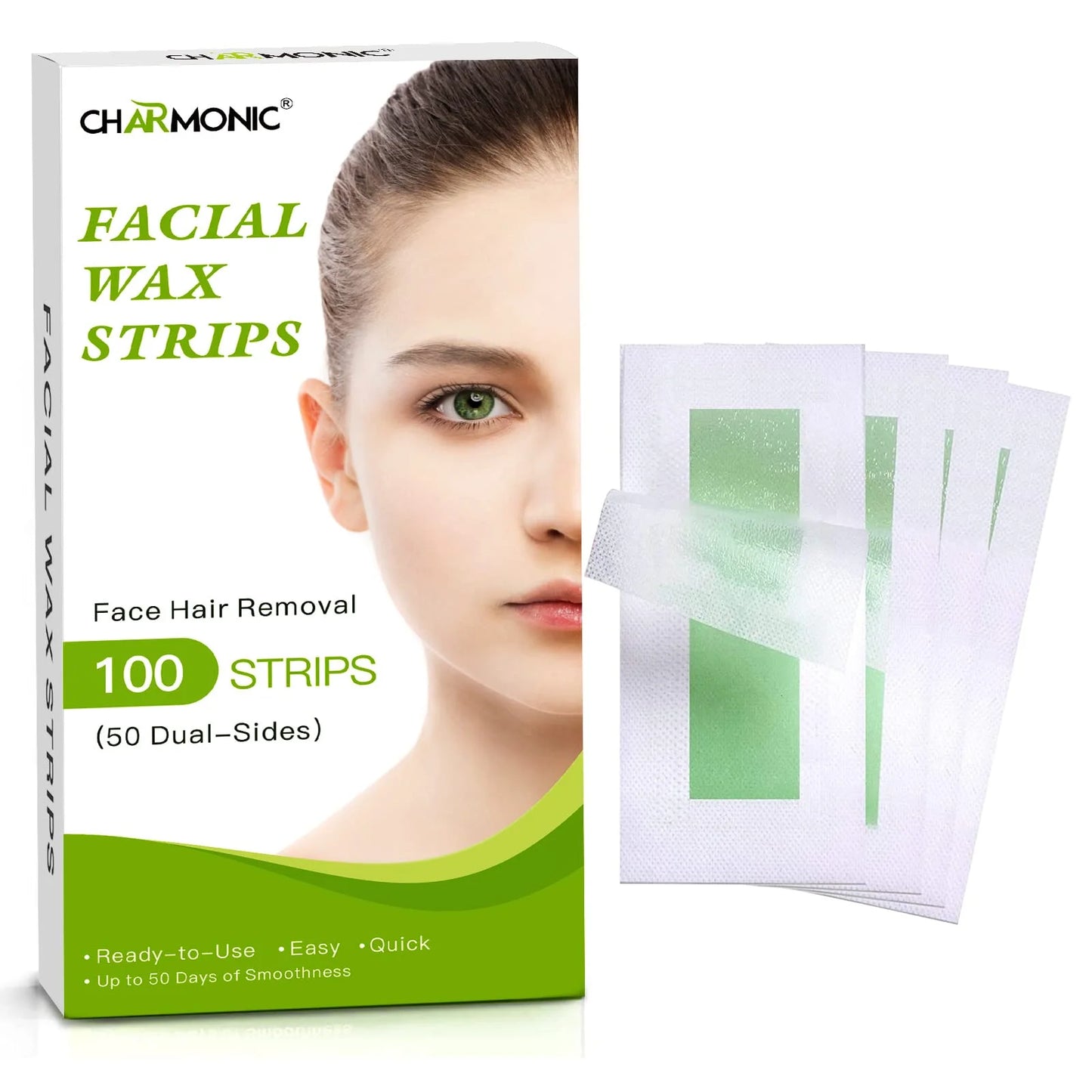 Charmonic 100pcs Natural Facial Wax Strips Hypoallergenic Hair Removal Waxing Kit for All Skin Types