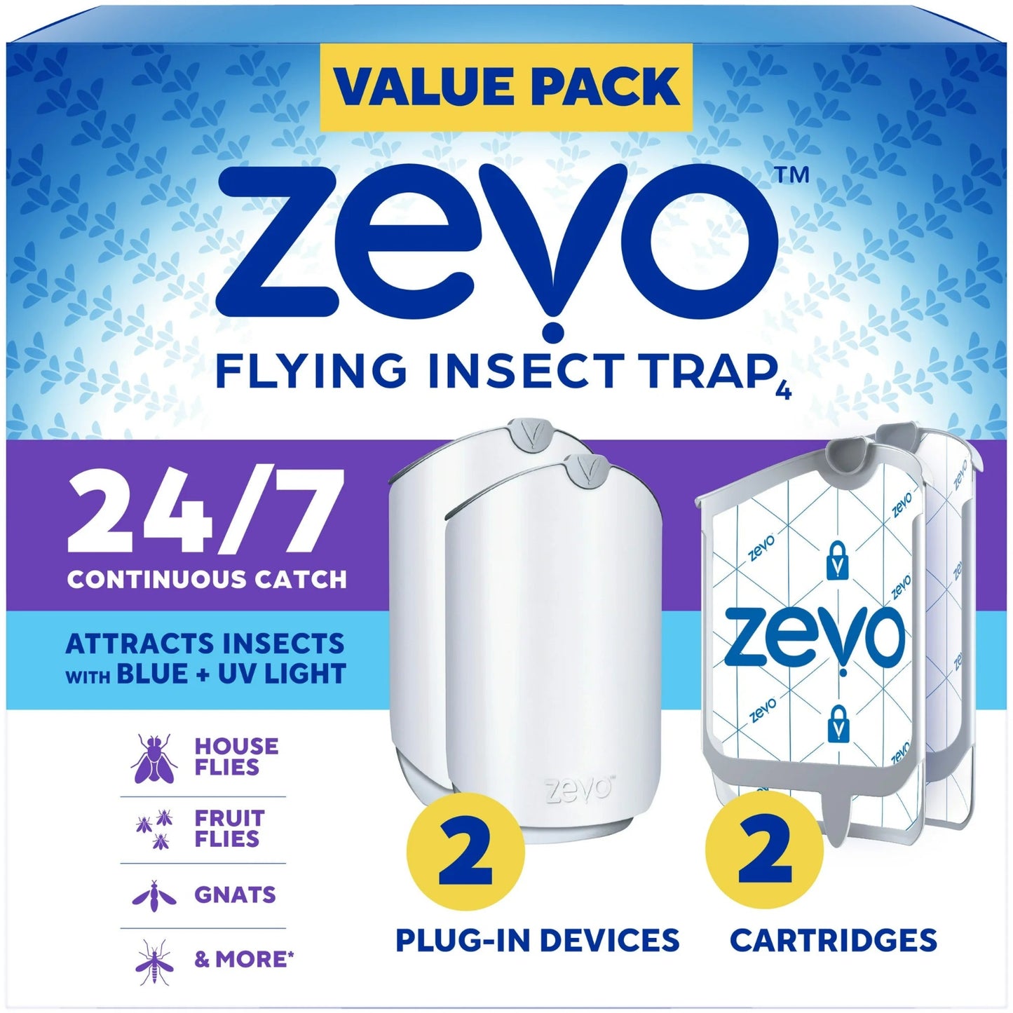 Zevo Flying Insect Indoor Fly Trap: Easy, Mess Free Solution Light Trap Catches & Kills House Flies, Fruit Flies, Gnats, & More - Value Pack (2 Plug in Devices + 2 Refill Cartridges)
