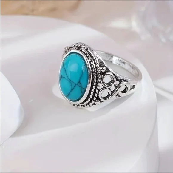 Heavy Turquoise Celtic Oval Ring 925 Sterling Silver Size 9