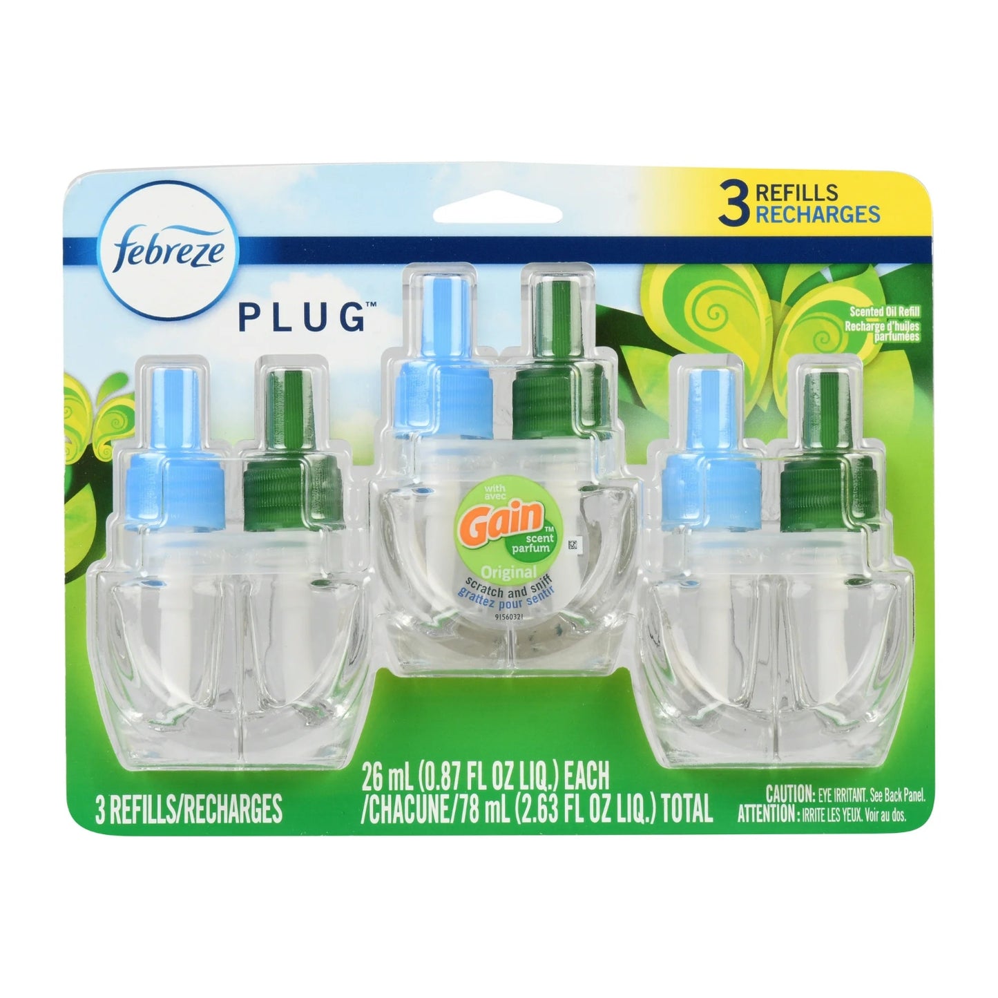 Febreze Plug In Air Freshener, Odor-Fighting Scented Oil Refill, Gain Original, 3 Refills