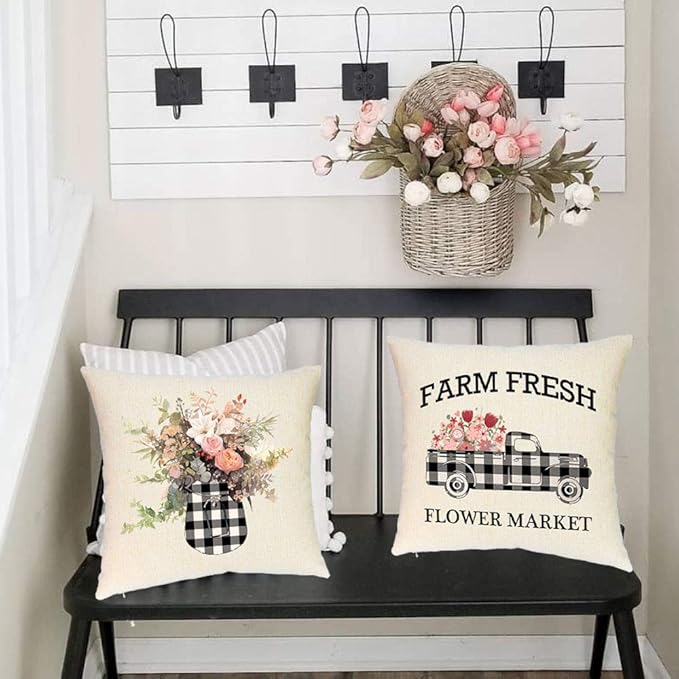Buffalo Plaid Pillow Covers – Set of 2 Black and White Farmhouse Cushion Covers, 18x18"
