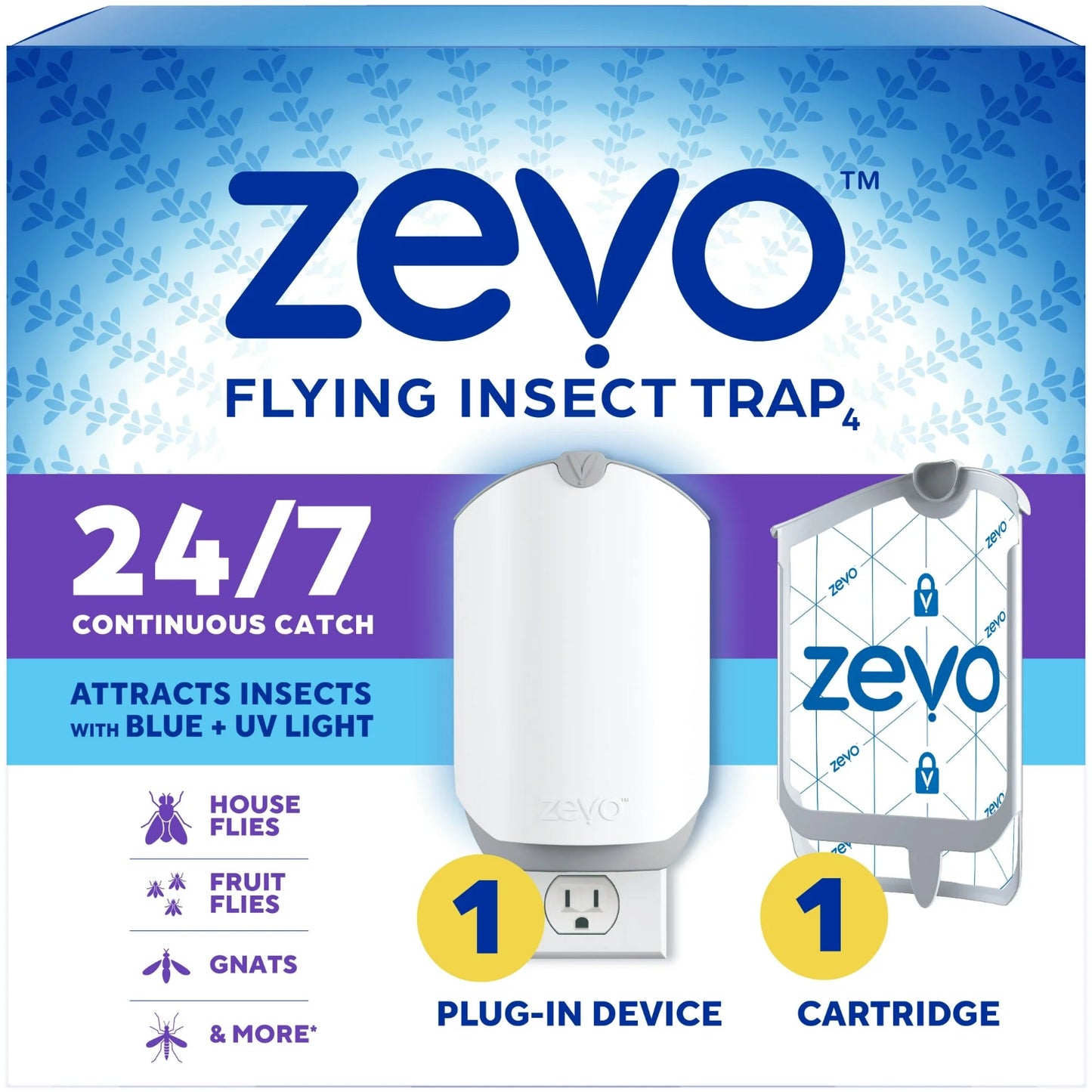 Zevo Flying Insect Indoor Fly Trap: Easy, Mess-Free Solution - Light Trap Catches & Kills House Flies, Fruit Flies, Gnats, & More (1 Plug in Device & 1 Refill Cartridge)