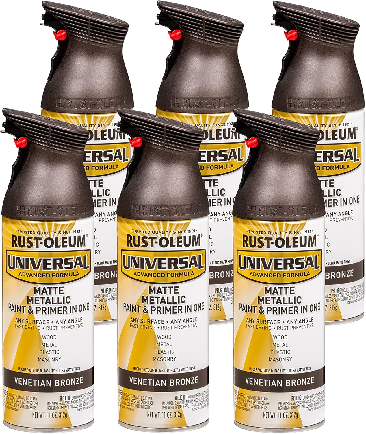 Rust-Oleum 353092-6PK Universal All Surface Metallic Spray Paint, 11 oz, Matte Venetian Bronze, 6 Pack