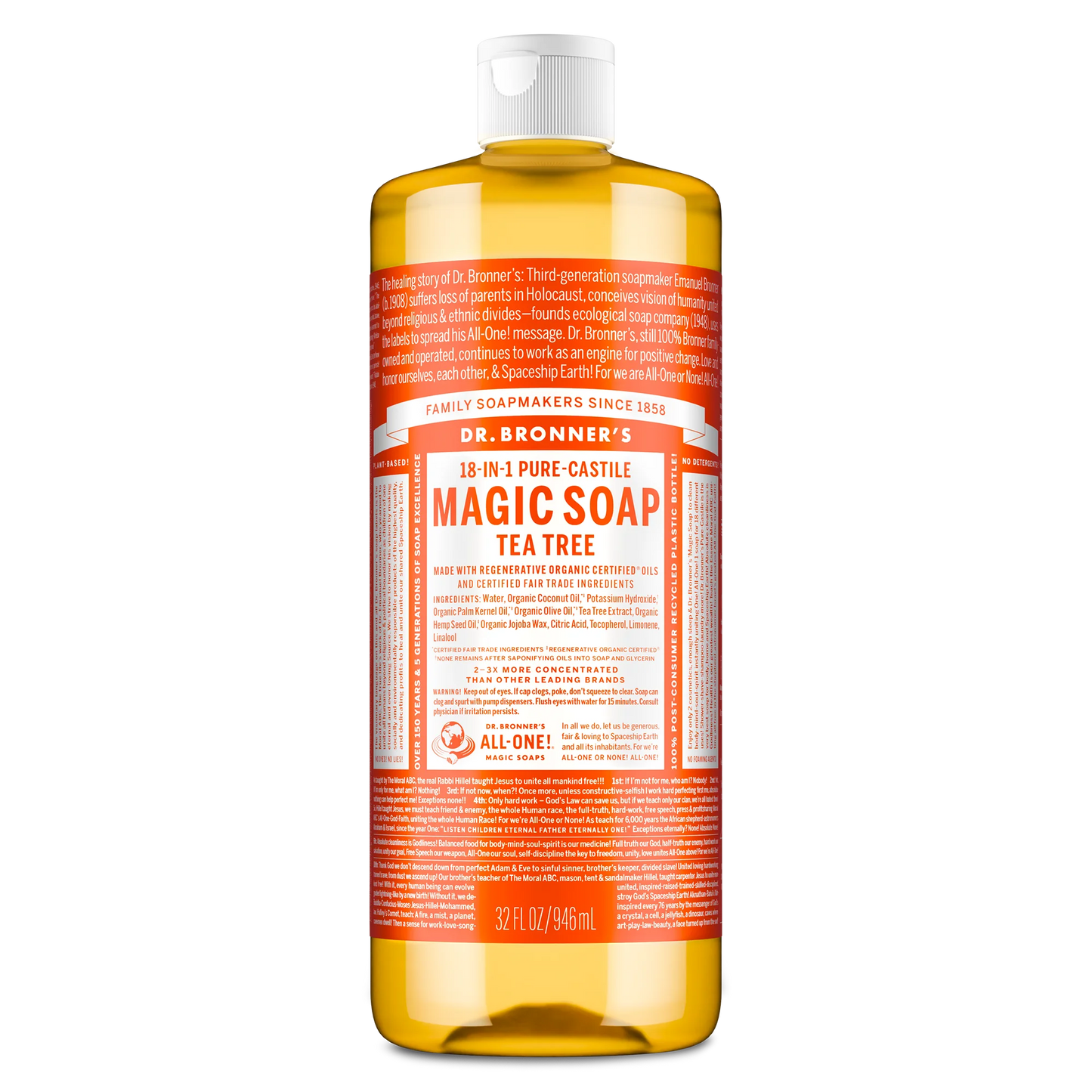 Dr. Bronner's Magic Soap - Tea Tree - Pure-Castile Liquid Soap - 32 oz – for face, body wash, hands