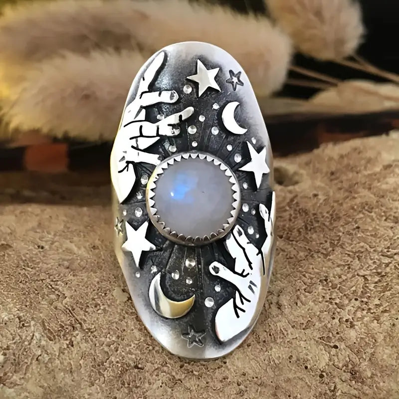 Retro Planet Moonstone Ring – Geometric Cloud Design, Unisex Alloy Jewelry