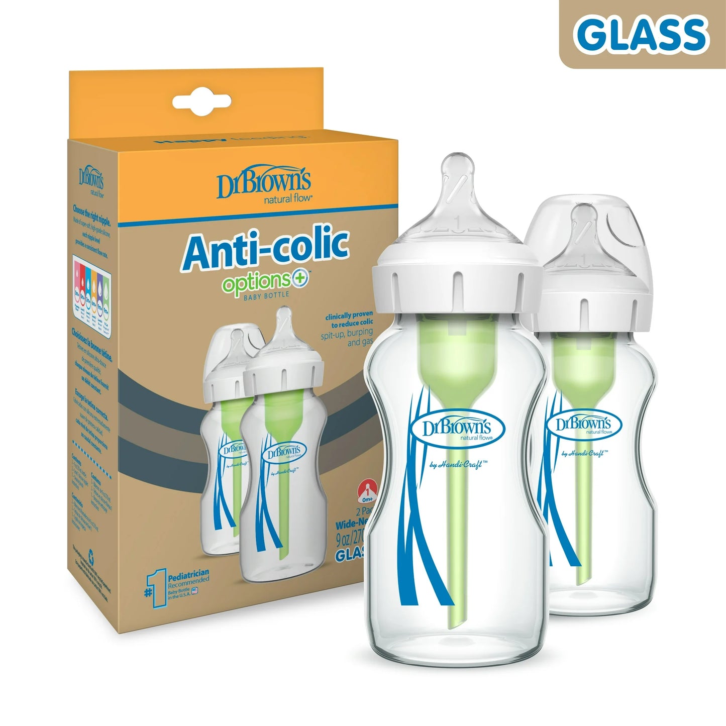 Dr. Brown's Anti-Colic Options+ Wide-Neck Glass Baby Bottle, 9 oz/270 ml, Slow Flow Nipple, BPA Free, 0m+ 2 Pack