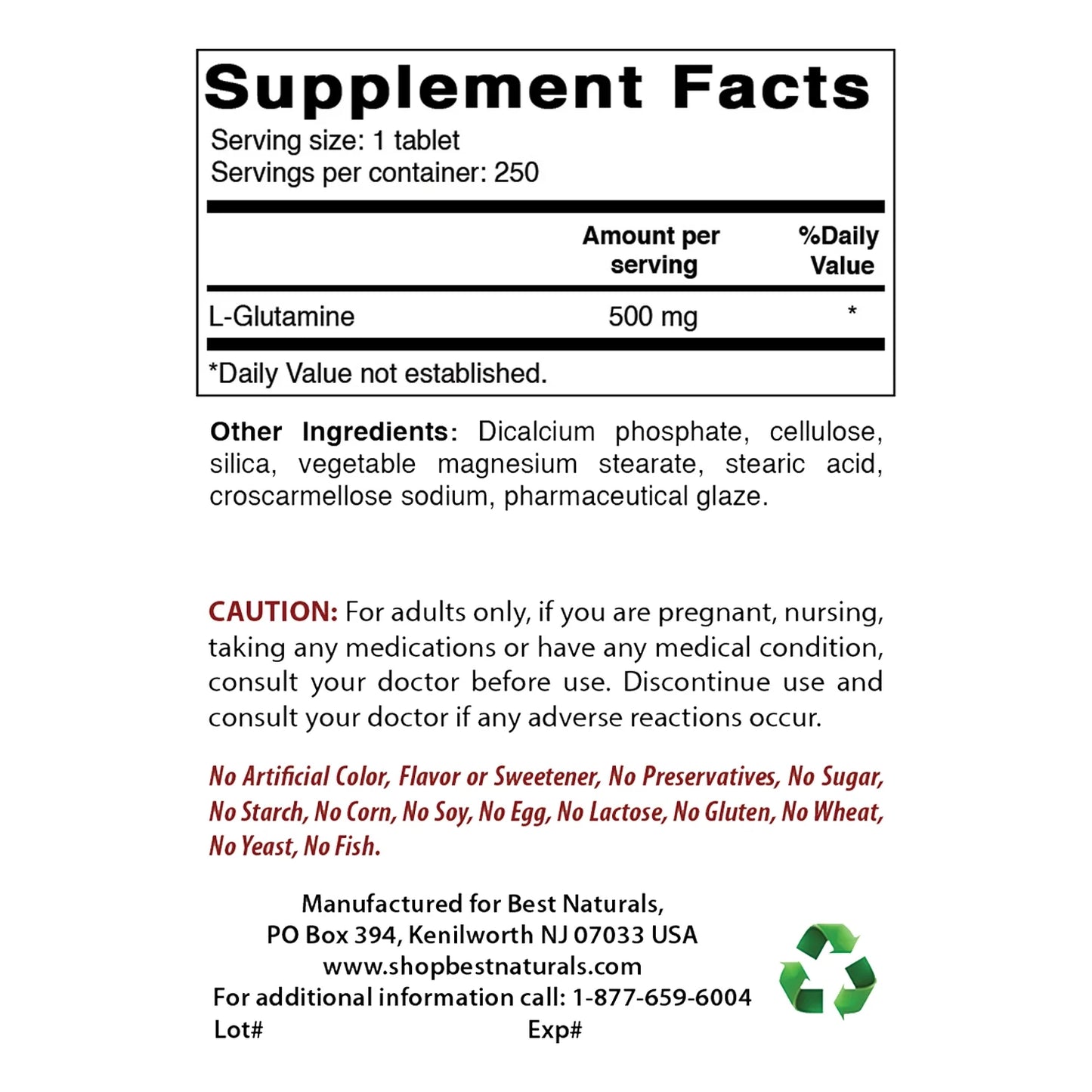 Best Naturals L-Glutamine 500 mg 250 Tablets