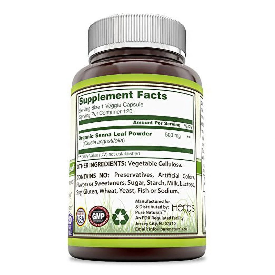 Pure Naturals Natural Senna 500 mg Per Serving 120 Veggie Capsules | Non-GMO | Gluten Free | Made in USA | Suitable for Vegetarian