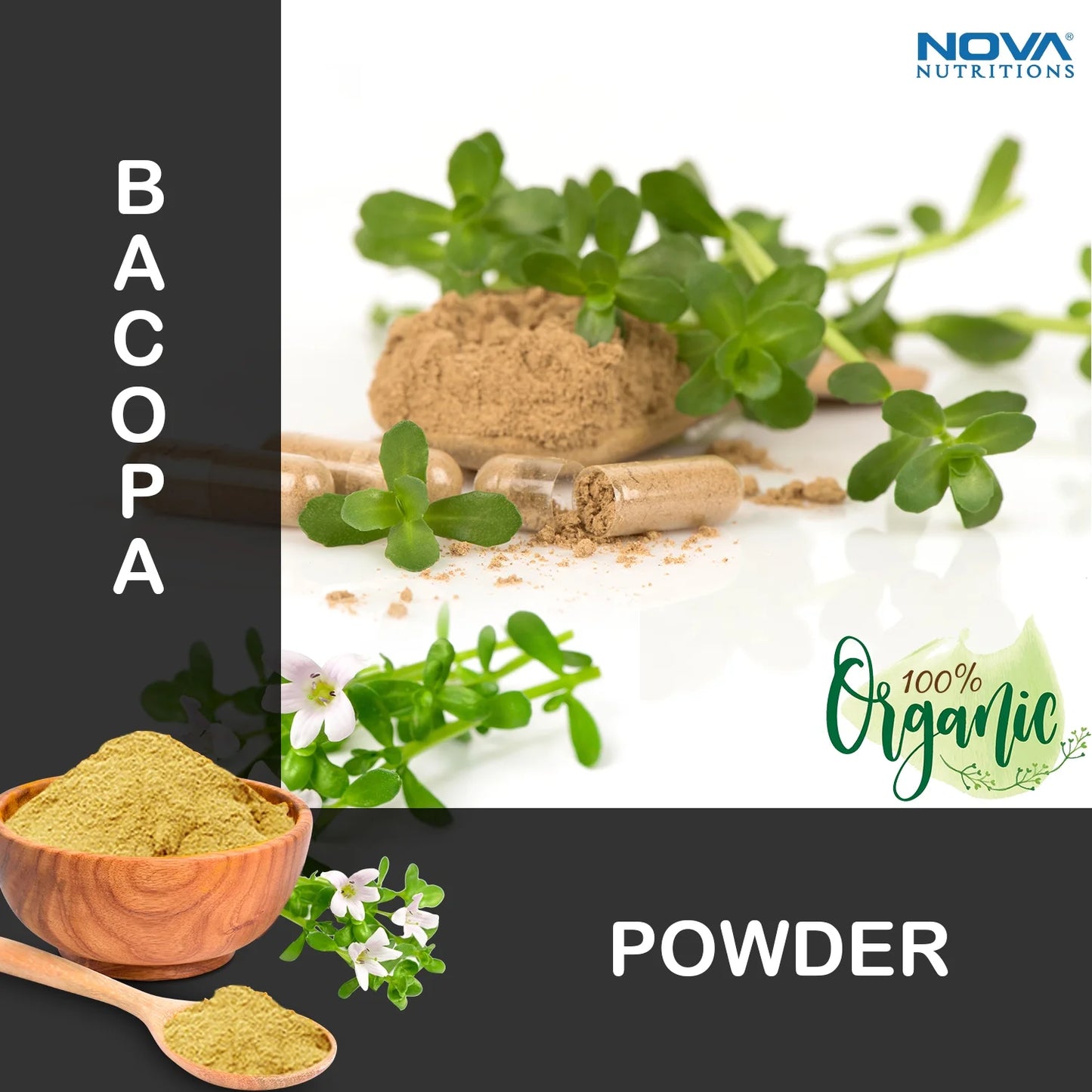 Nova Nutritions Certified Organic Bacopa Powder 16 OZ (454 gm) - Also Called Bacopa Monnieri (Leaf)