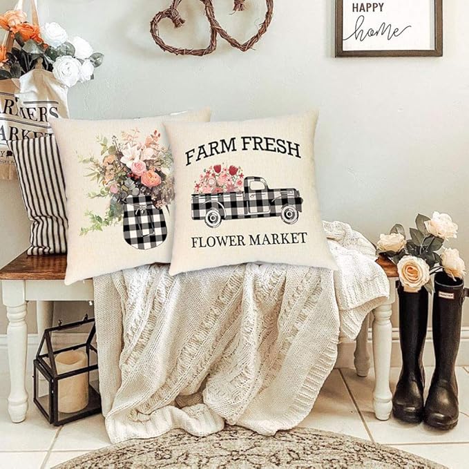 Buffalo Plaid Pillow Covers – Set of 2 Black and White Farmhouse Cushion Covers, 18x18"