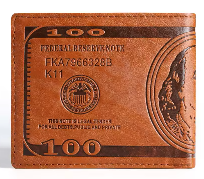 Men’s PU Leather Bifold Wallet – 100 Dollar Bill Design with Card, Photo & Coin Slots (Light Coffee)