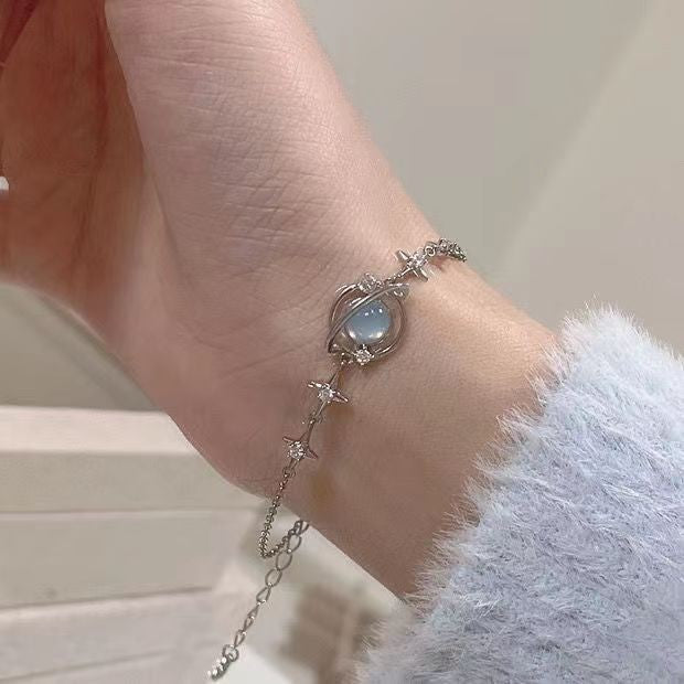 Silver Moonstone Planet Bracelet – Star & Moon Charm Alloy Jewelry for Women