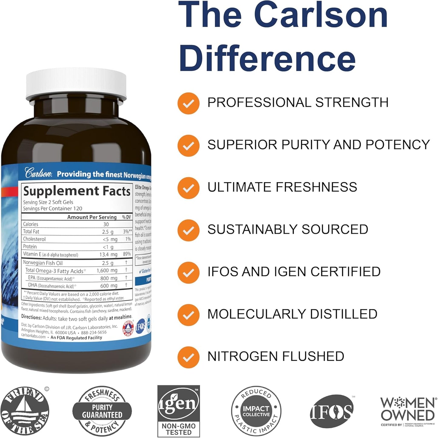 Carlson - Elite Omega-3 Gems, 1600 mg Omega-3 Fatty Acids Including EPA and DHA, Norwegian, Wild-Caught Fish Oil Supplement, Sustainably Sourced Omega 3 Fish Oil Capsules, Lemon, 240 Softgels