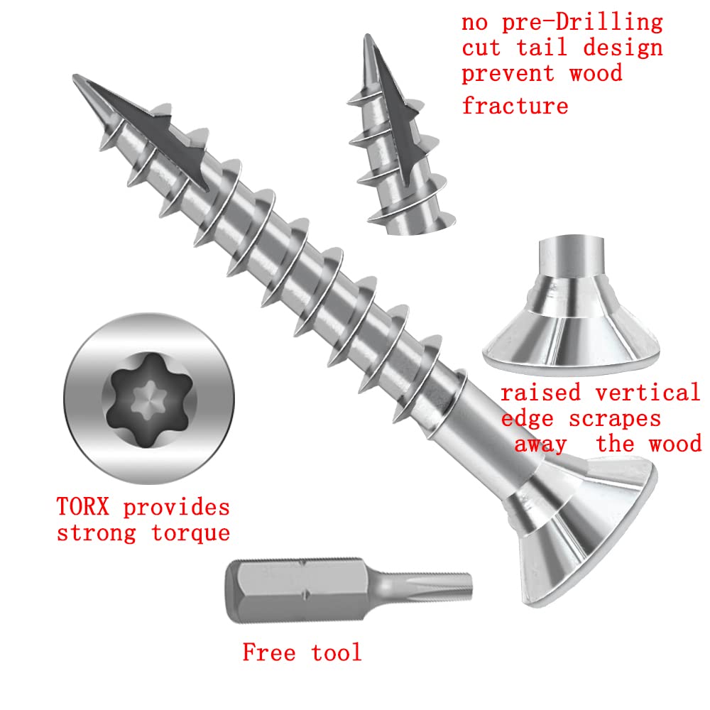 Wood Screws #8' × 2 inch Torx Star Drive Deck Screws Flat Head M4.5 × 50 Countersunk T20 Self Tapping Thread Cut 100pcs Carbon Steel Galvanized, (Small Box)