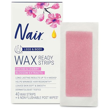 Nair Hair Remover Wax Ready Strips for Legs & Body, No Mess Waxing Kit for Hair Removal, 40ct Wax Strips