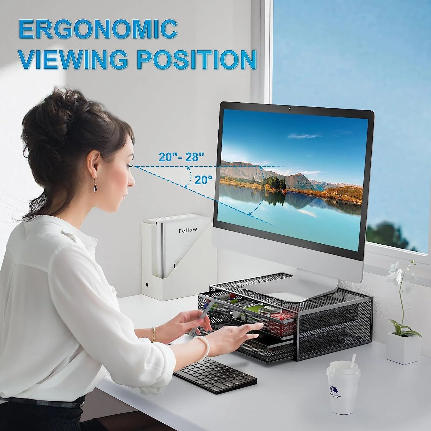 Marbrasse Monitor Stand with Drawer, Monitor Riser Mesh Metal, Monitor Stand with Storage, Desktop Computer Stand for PC, Laptop, Printer
