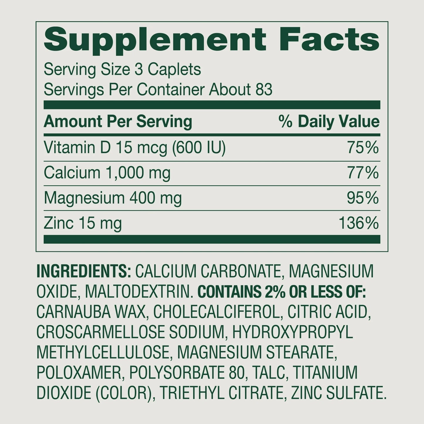 Spring Valley Calcium, Magnesium & Zinc Plus Vitamin D3 Coated Caplets, 250 Count