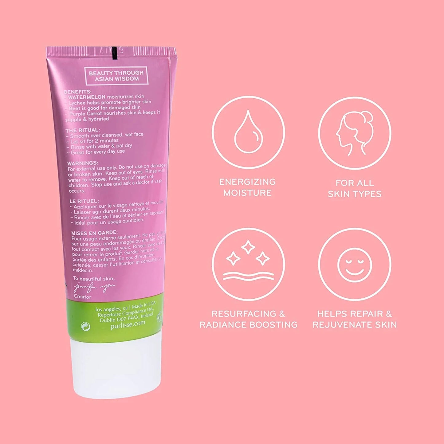 Purlisse Watermelon Energizing 2 Minute Polishing Peel: Cruelty-Free & Clean, Paraben & Sulfate-Free, Brightening & Smoothing, Lychee Against Signs Of Ageing | 2.5Oz