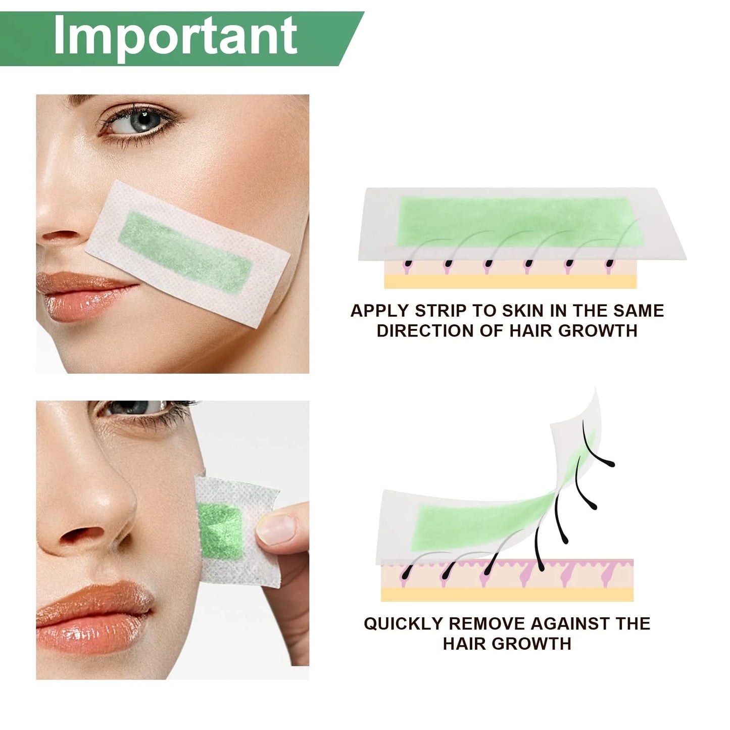 Charmonic 100pcs Natural Facial Wax Strips Hypoallergenic Hair Removal Waxing Kit for All Skin Types