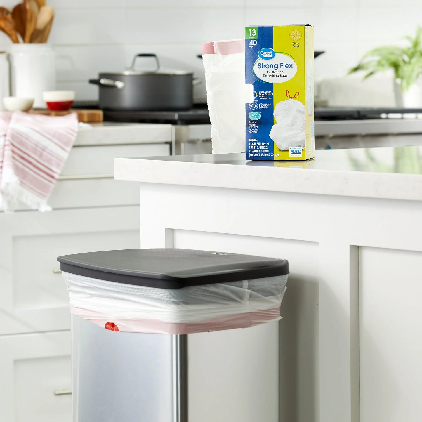 Great Value 13-Gallon Drawstring Strong Flex Tall Kitchen Trash Bags, Citrus Burst Scent, 40 Bags