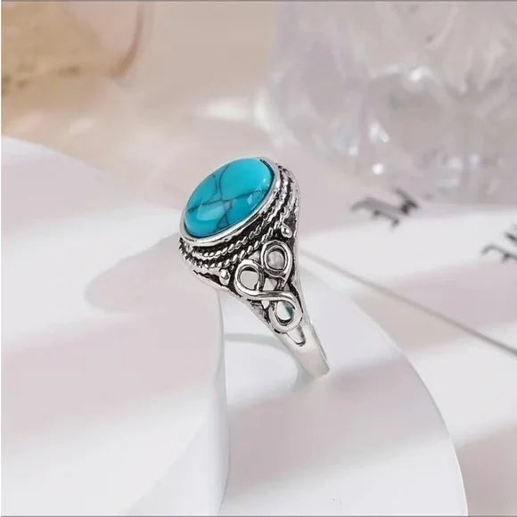 Heavy Turquoise Celtic Oval Ring 925 Sterling Silver Size 9