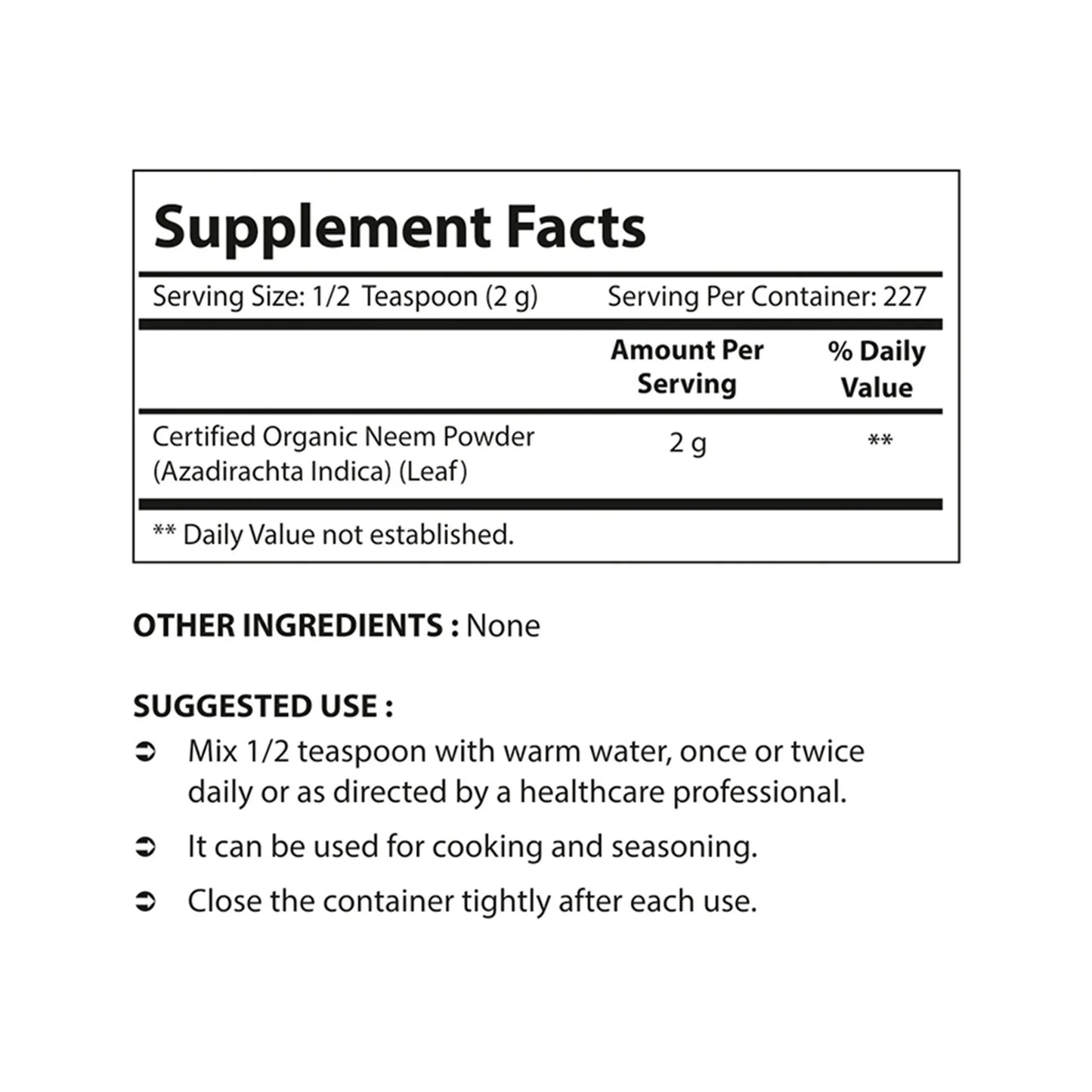Nova Nutritions Certified Organic Neem Leaf Powder 16 OZ (454 gm) - Also Called Azadirachta Indica