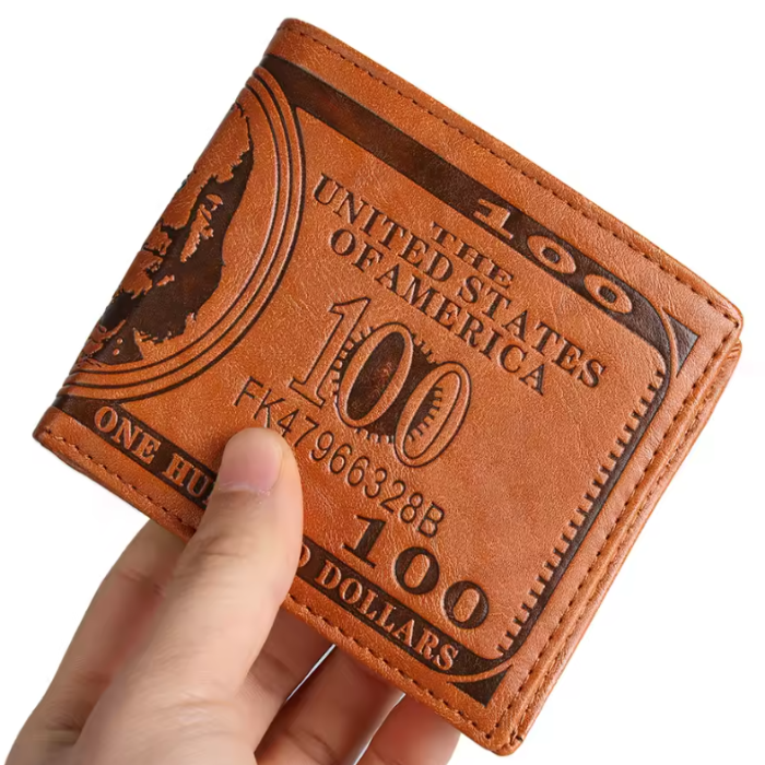 Men’s PU Leather Bifold Wallet – 100 Dollar Bill Design with Card, Photo & Coin Slots (Light Coffee)