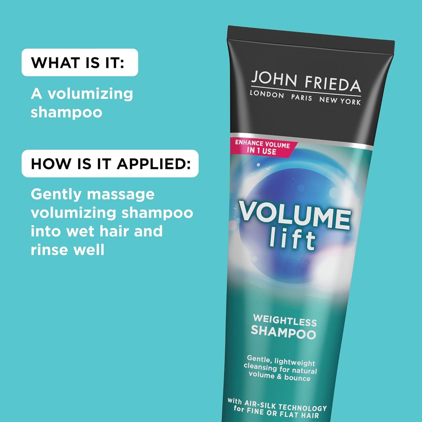 John Frieda Volume Lift Weightless Shampoo, Volumizing Shampoo with Air-Silk Technology for Fine or Flat Hair, Adds Natural Fullness, Safe for Color-Treated Hair, 8.45 Oz