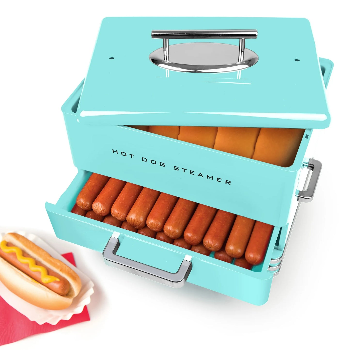 Nostalgia Retro Style Steamer and Hot Dog Machine, 24 Hot Dogs and 12 Bun Capacity, Aqua