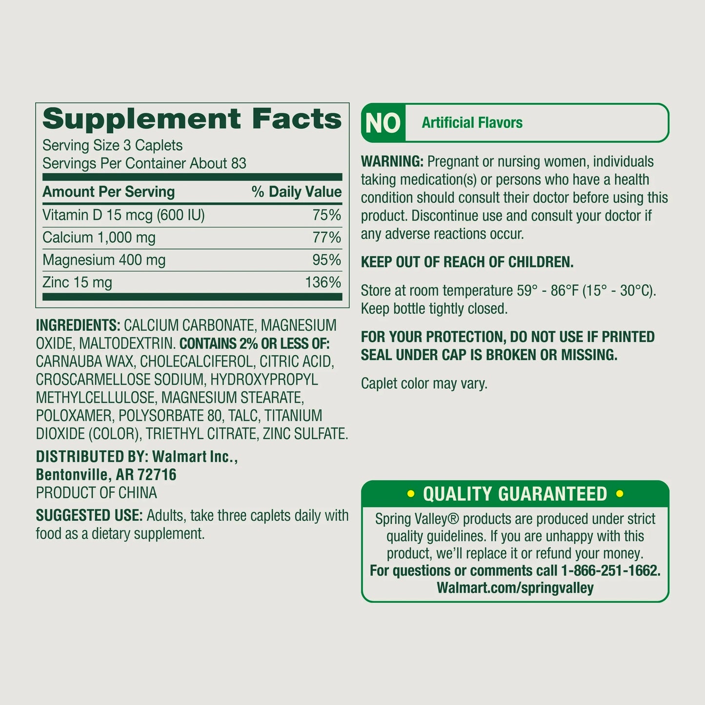 Spring Valley Calcium, Magnesium & Zinc Plus Vitamin D3 Coated Caplets, 250 Count
