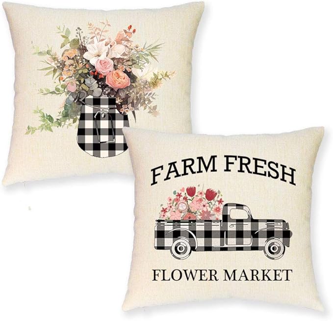 Buffalo Plaid Pillow Covers – Set of 2 Black and White Farmhouse Cushion Covers, 18x18"