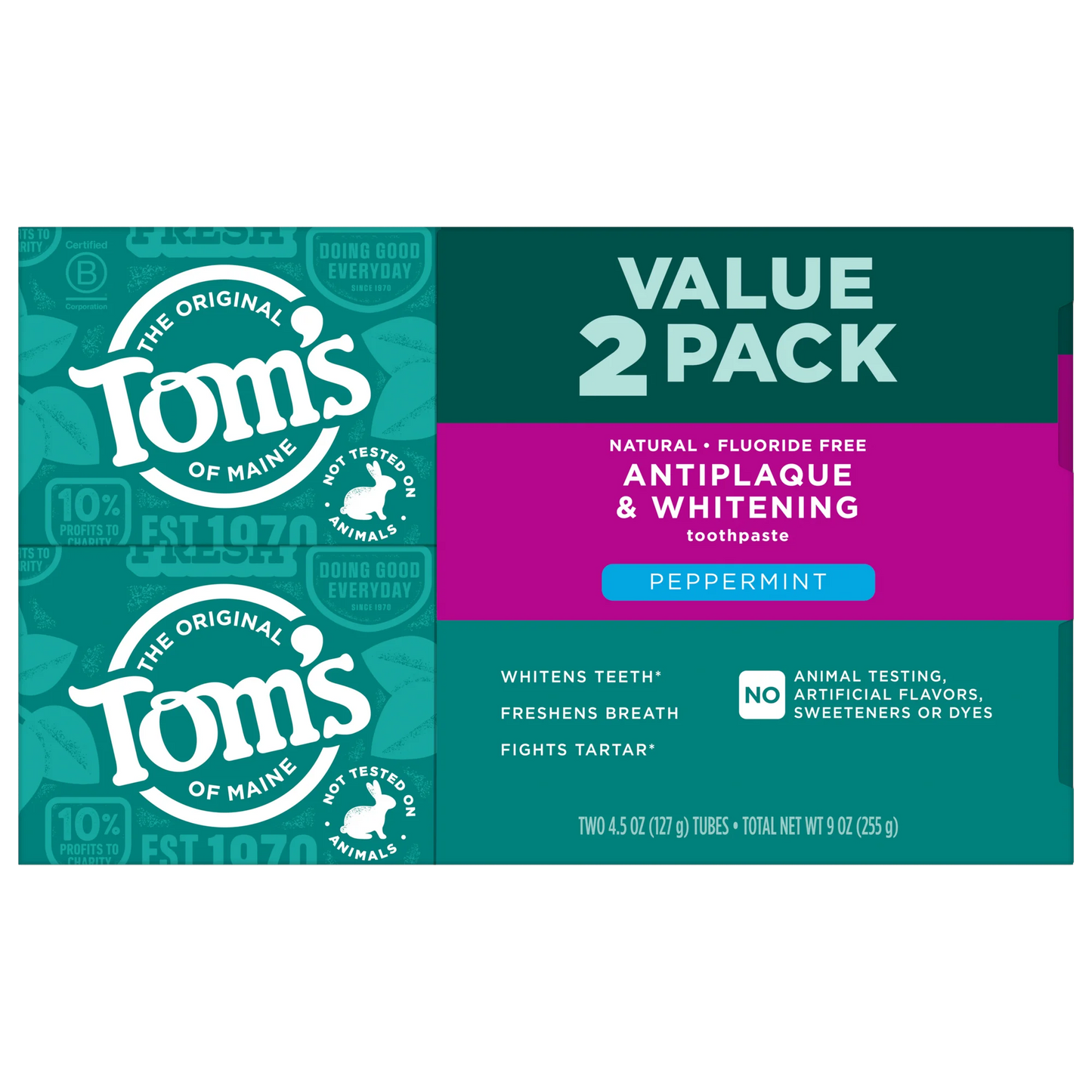 Tom’s of Maine Antiplaque and Whitening Fluoride Free Toothpaste, Peppermint, 4.5 Oz