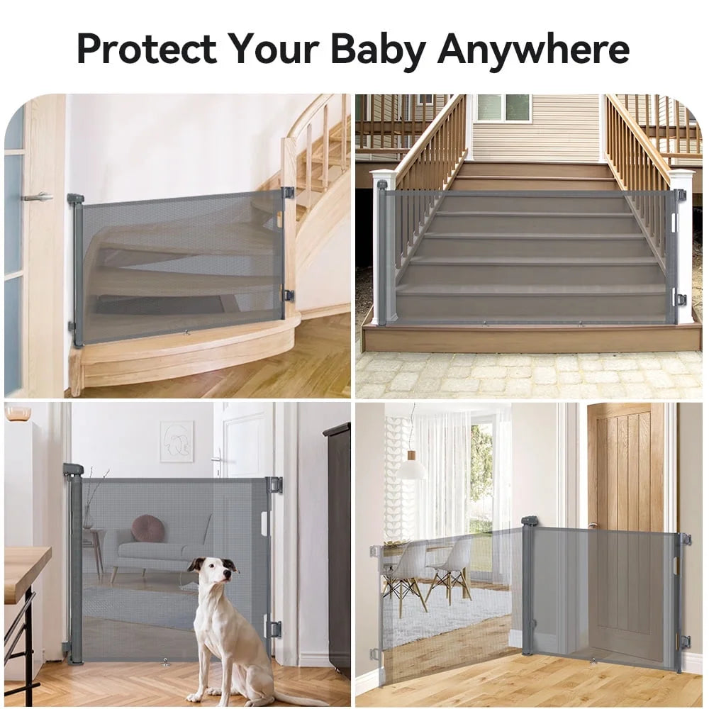 Baby Gates, Caveen Retractable Baby Safety Gate for Doorway,Stair, 34" x 55" ABS Retractable Mesh Gate,Gray