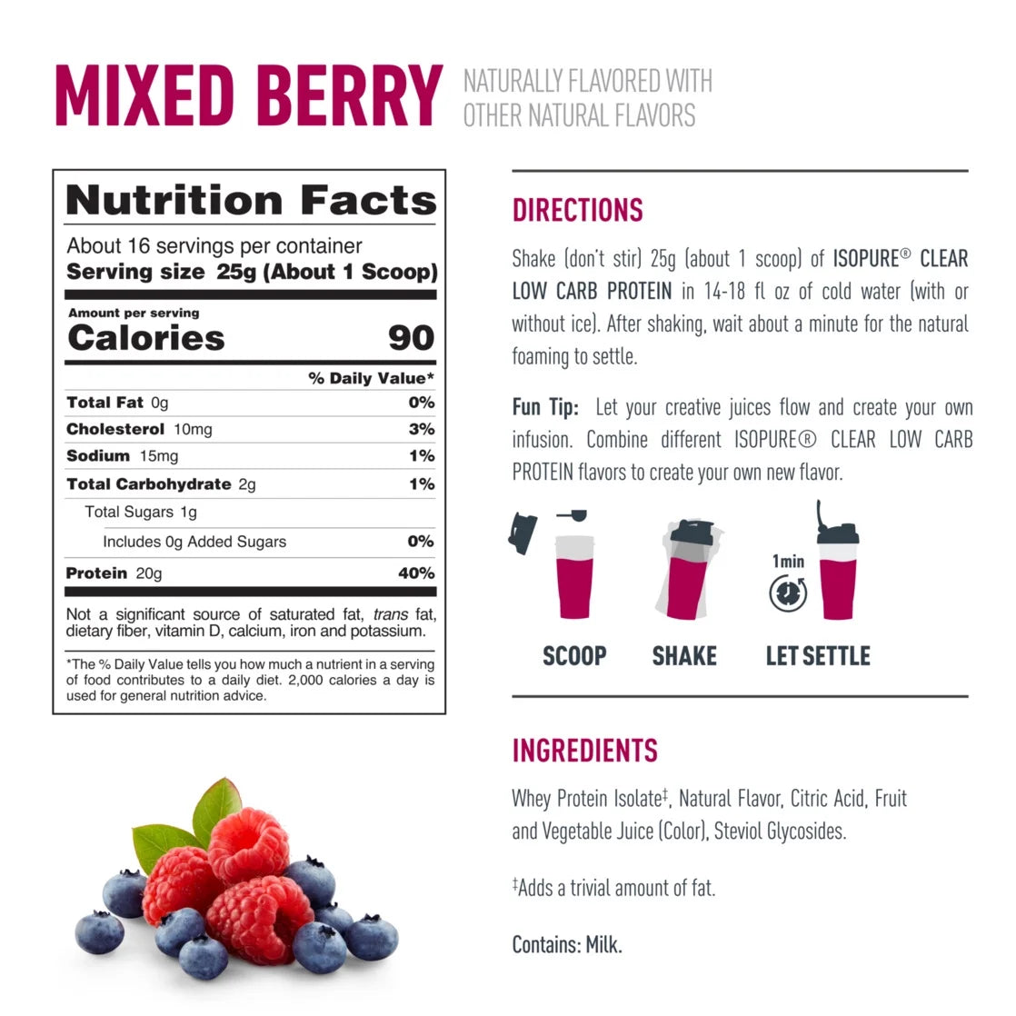 Isopure Clear Low Carb 100% Whey Protein Isolate Powder, Mixed Berry, 20g Protein, About 16 Servings