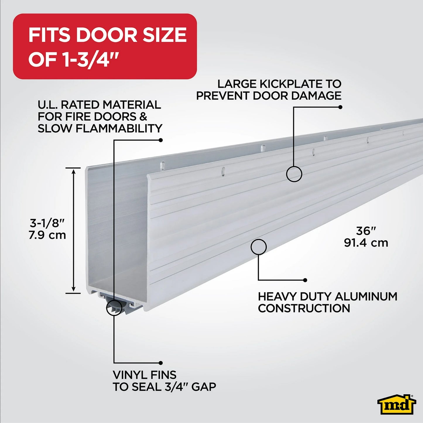 M-D Building Products 68593 36 in. Silver Aluminum and Vinyl U-Shape Screw-on Under Door Seal with Kick Plate