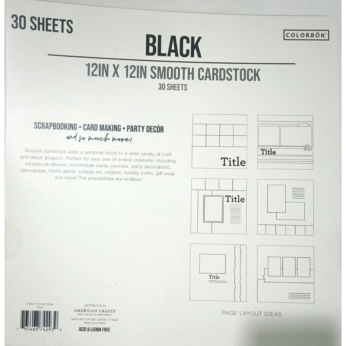 Colorbök Smooth Black Cardstock, 12in x 12in, 121 lbs./ 180 Gsm, 30 Sheets