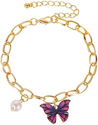 Gold Plated Chain Bracelet – Purple Butterfly Charm & Real Pearl Accent