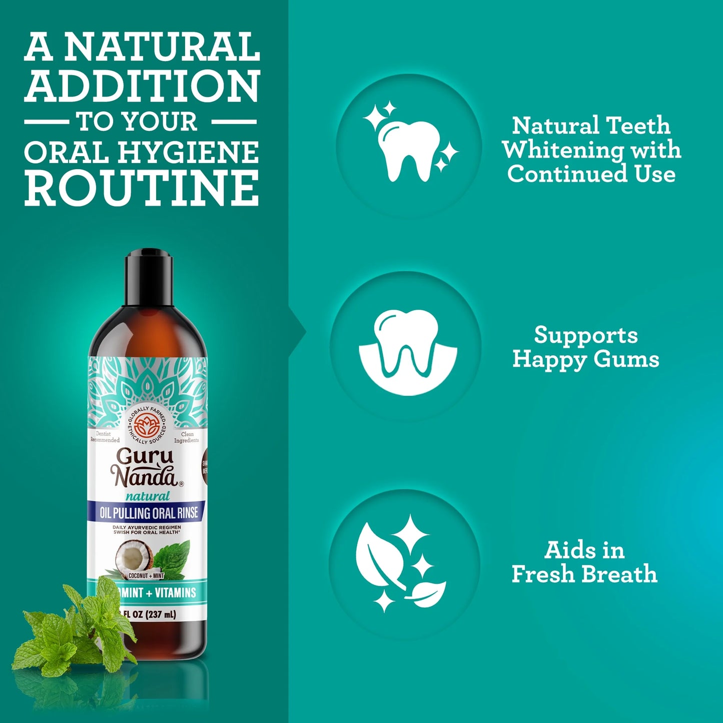 GuruNanda Oil Pulling with Cocomint, Essential Oils & Vitamins D3,E,K2 - Natural Mouthwash - 8 oz
