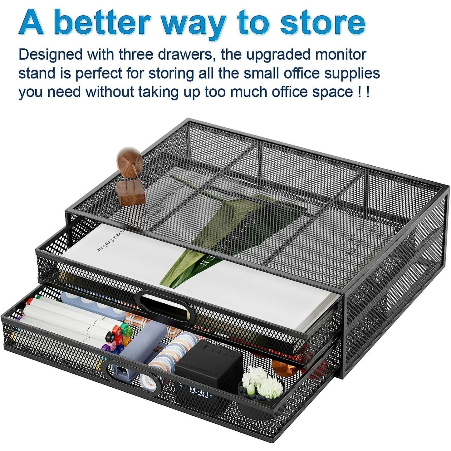 Marbrasse Monitor Stand with Drawer, Monitor Riser Mesh Metal, Monitor Stand with Storage, Desktop Computer Stand for PC, Laptop, Printer