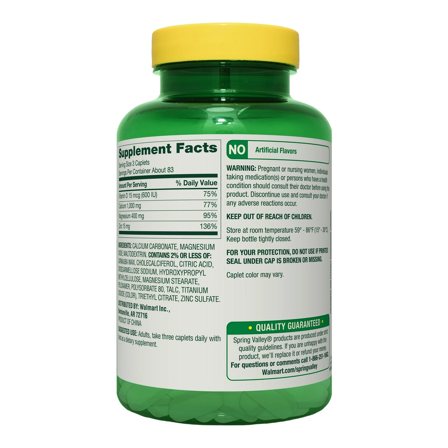 Spring Valley Calcium, Magnesium & Zinc Plus Vitamin D3 Coated Caplets, 250 Count