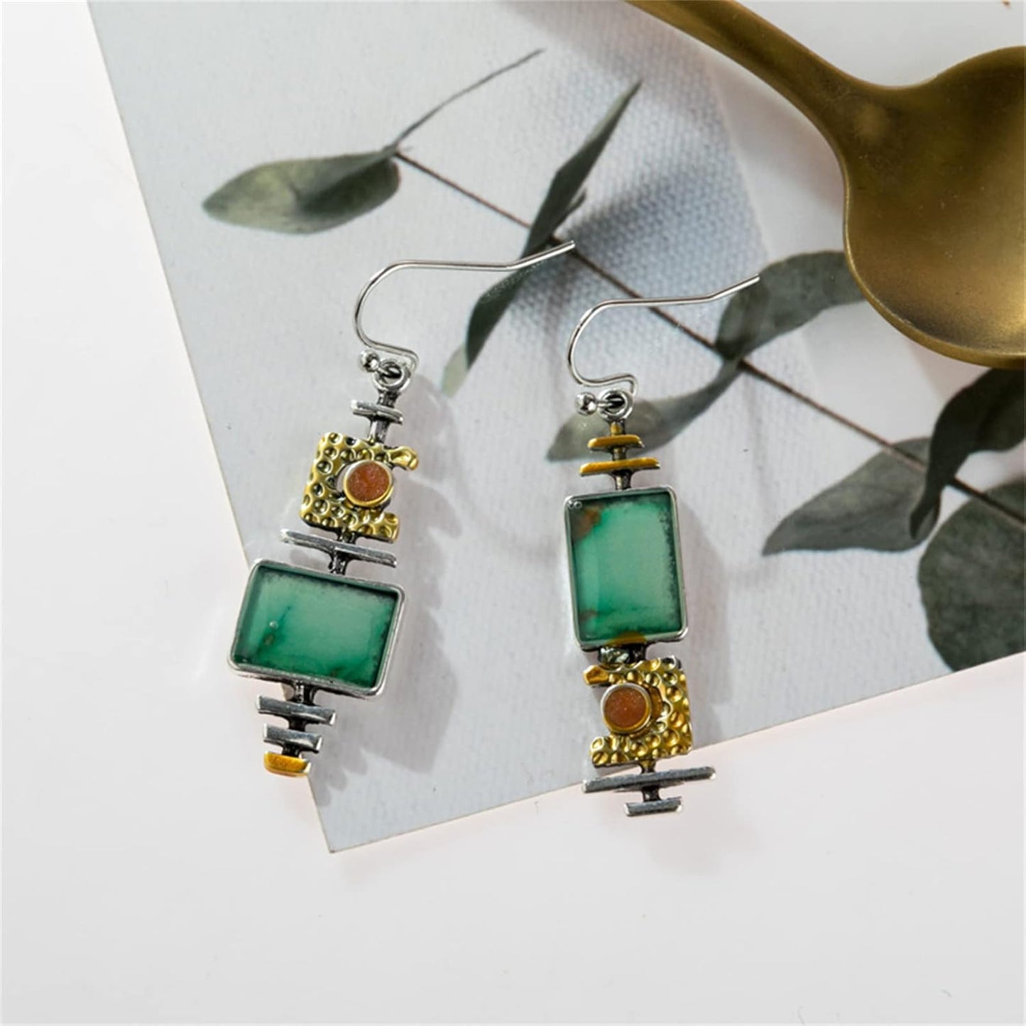 Green Turquoise Dangle Earrings – Handmade Asymmetric Silver Drop Earrings for Women