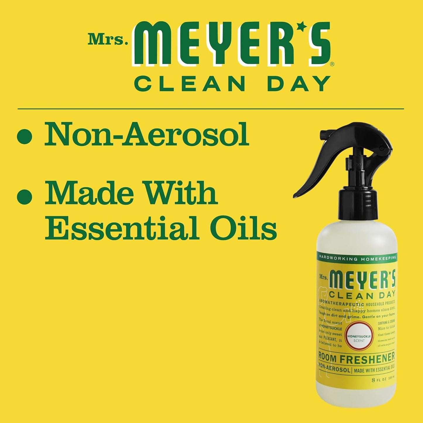 MRS. MEYER'S CLEAN DAY Room and Air Freshener Spray, Non-Aerosol Spray Bottle Infused with Essential Oils, Honeysuckle, 8 fl. oz